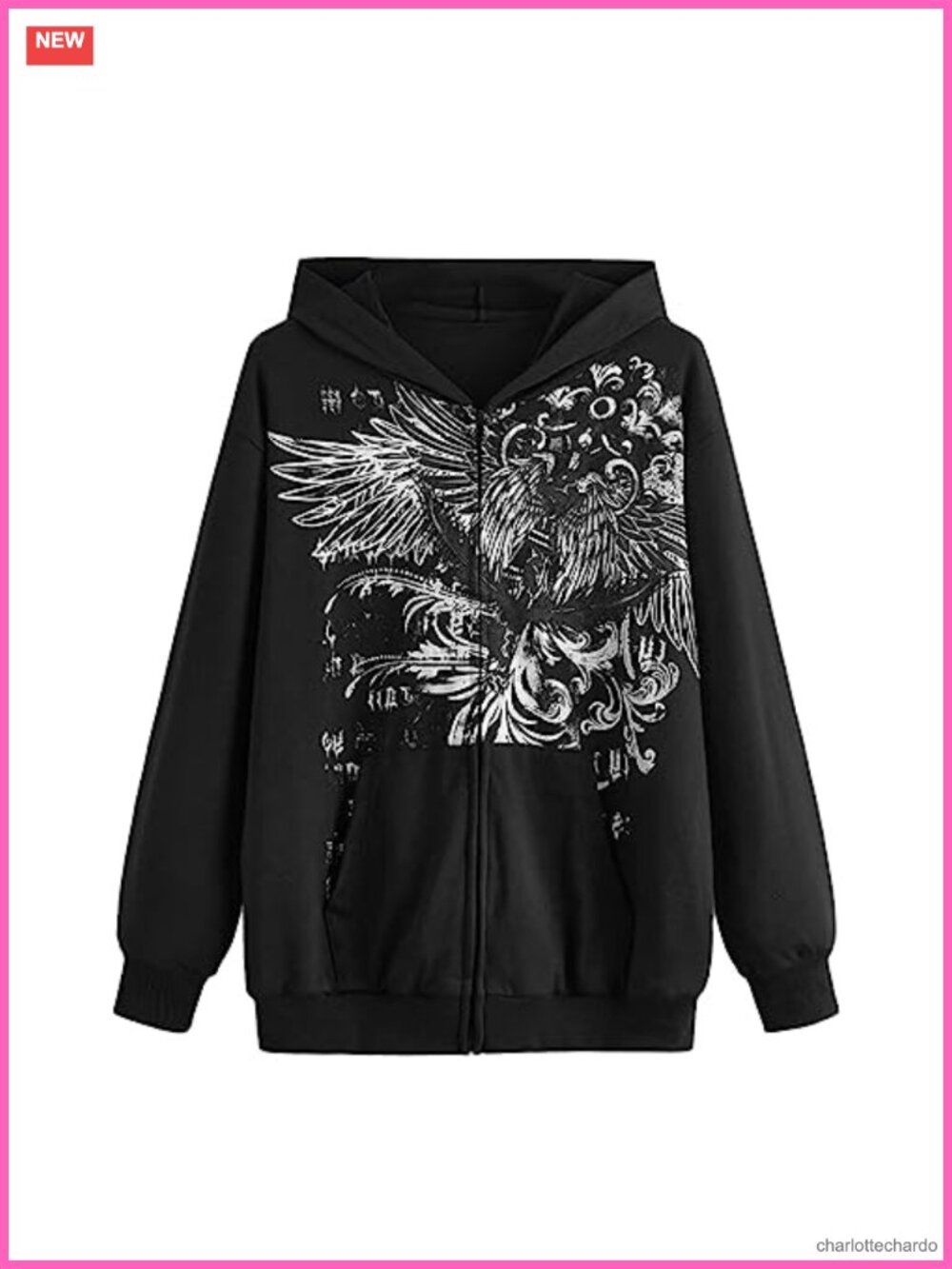 Oversized Y2K Zip Up Graphic Hoodie Wing Print Streetwear